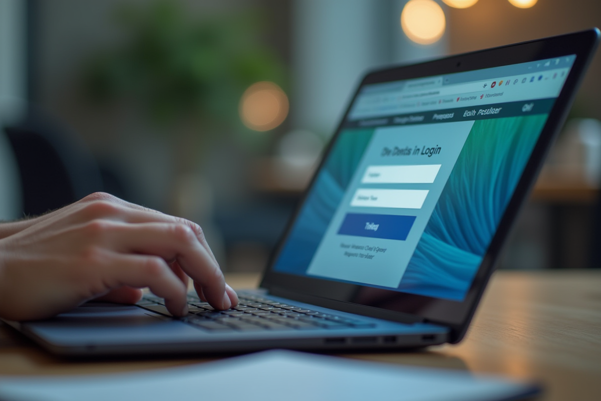 Mains tapant des identifiants sur un site financier sécurisé