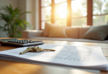 Jeu de clés de maison avec calculatrice et documents fiscaux sur une table