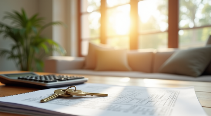Jeu de clés de maison avec calculatrice et documents fiscaux sur une table