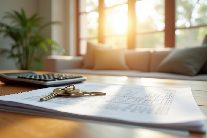 Jeu de clés de maison avec calculatrice et documents fiscaux sur une table