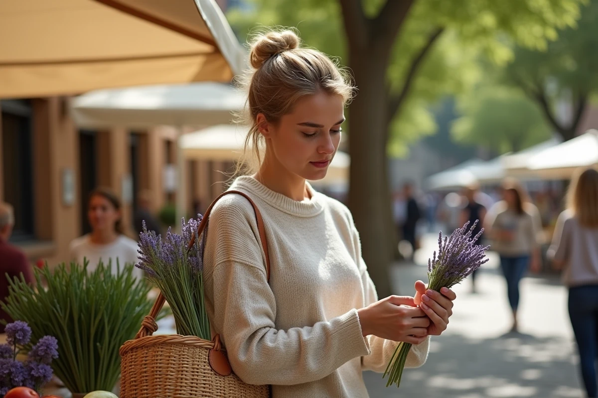 Jeune femme examinant les produits d'un producteur local sur un marché dominical animé