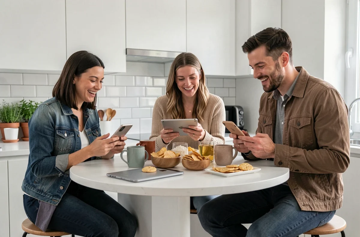 Groupe de collègues qui se détendent ensemble autour d'un comptoir de cuisine, smartphones en main, ambiance conviviale après le travail