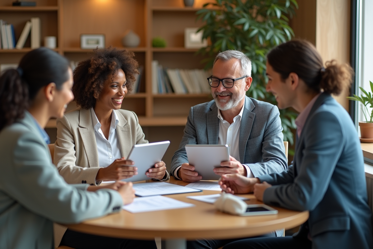 Quatre collègues souriants lors d une pause café