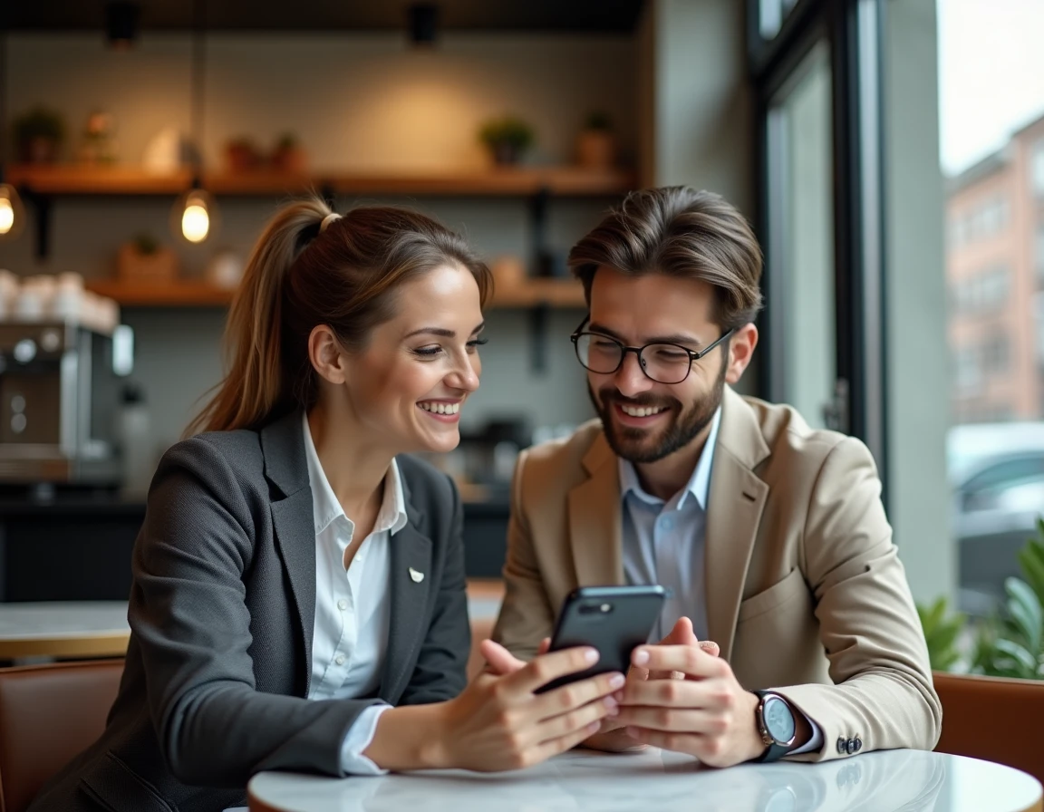 Deux professionnels comparant des options d'abonnement business gratuit sur un smartphone dans un café