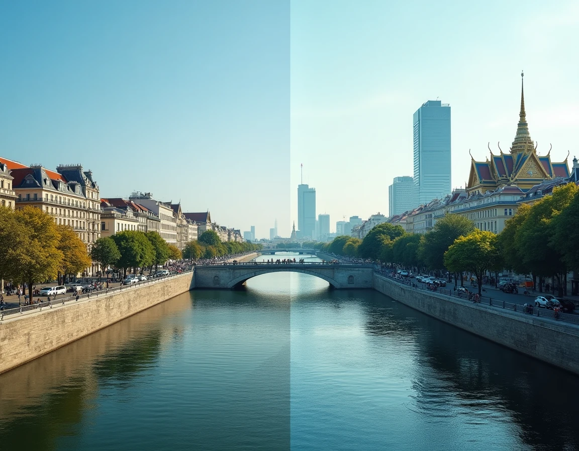 Comparaison visuelle des bords de fleuve de Paris et Bangkok illustrant les différences urbaines et démographiques entre les deux capitales mondiales