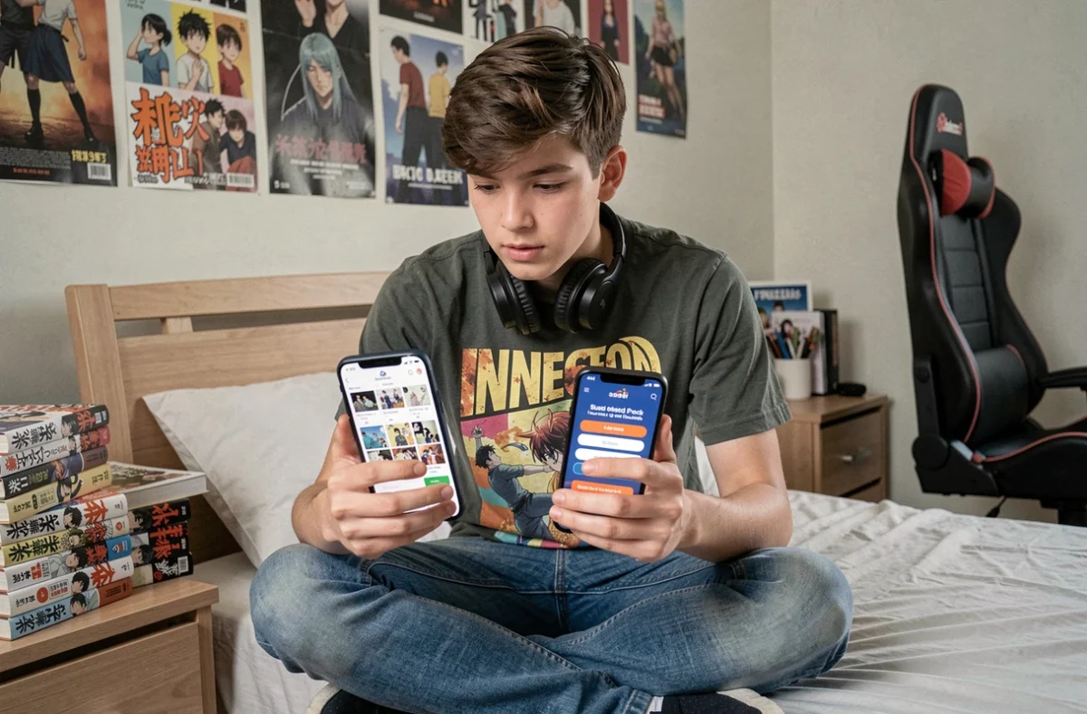 Adolescent comparant une plateforme de scan manga gratuit et un abonnement payant sur deux smartphones
