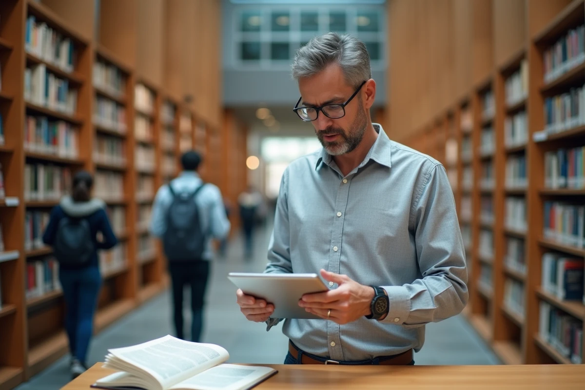 Homme comparant des sources dans une bibliothèque pour vérifier la fiabilité d'une encyclopédie en ligne