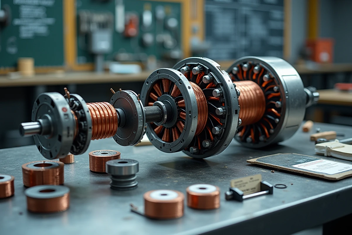 Détail des composants d'un moteur asynchrone démonté sur un établi de laboratoire BTS électrotechnique