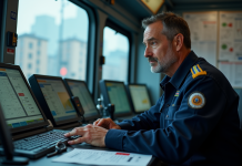 Conducteur de train en uniforme dans une salle de contrôle urbaine