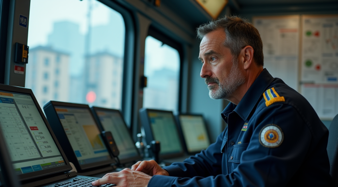 Conducteur de train en uniforme dans une salle de contrôle urbaine