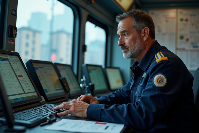 Conducteur de train en uniforme dans une salle de contrôle urbaine