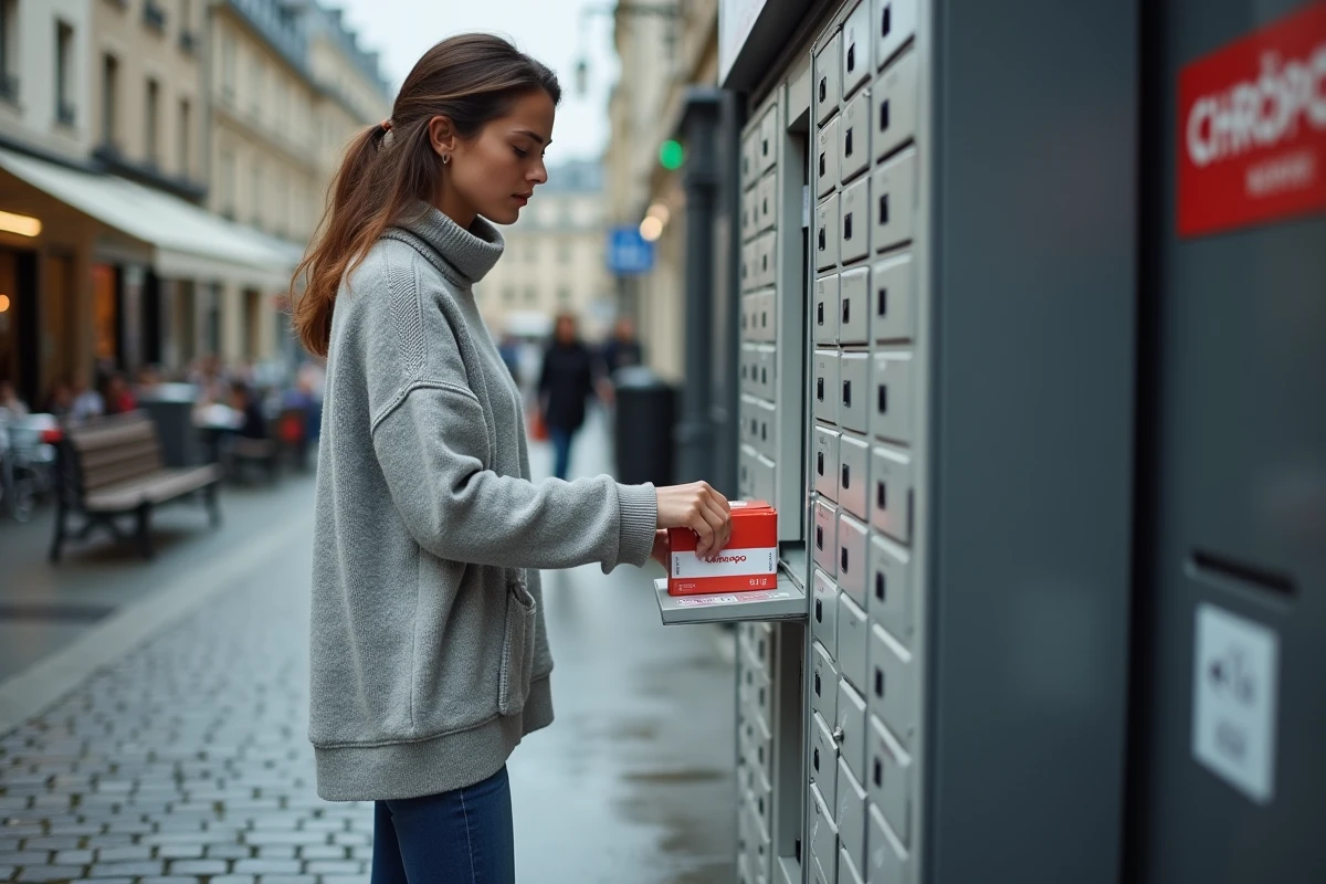 Une jeune femme dépose un colis Chronopost dans une consigne automatique en plein air à Paris