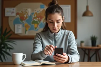 Femme utilisant un smartphone pour convertir des miles en kilomètres à son bureau à domicile