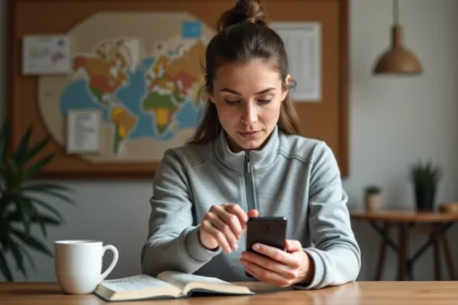 Femme utilisant un smartphone pour convertir des miles en kilomètres à son bureau à domicile