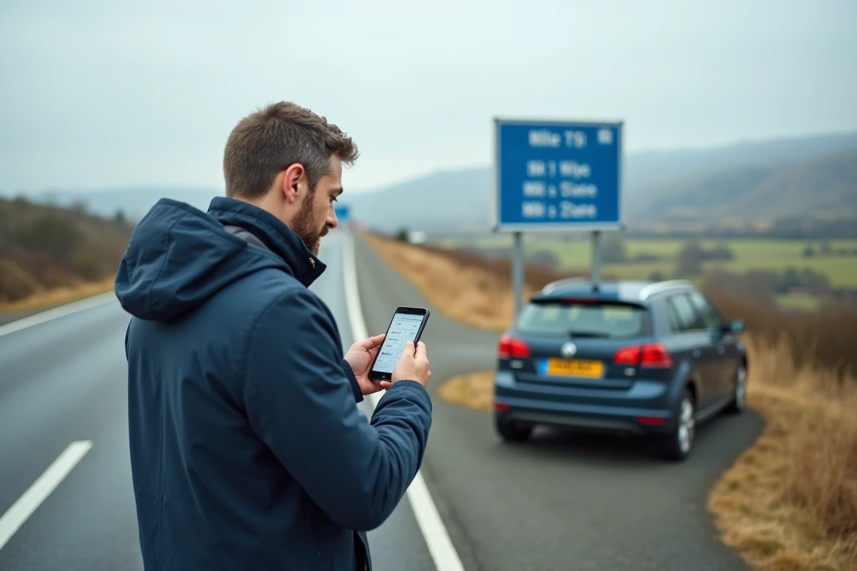 Homme debout près d'une voiture de location consultant une application de conversion miles en kilomètres sur son téléphone lors d'un trajet