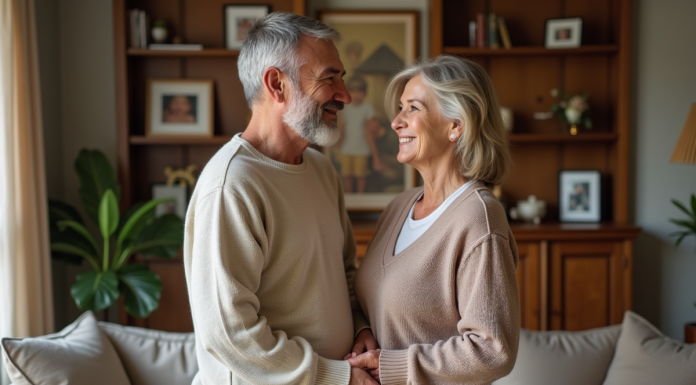Couple souriant dans un salon chaleureux et cosy