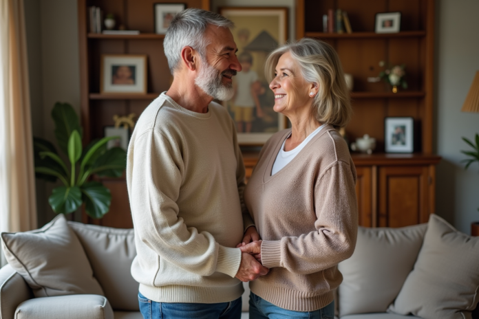 Couple souriant dans un salon chaleureux et cosy