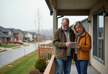 Prix moyen maison Canada : statistiques et tendances à connaître en 2025 Couple devant leur maison en banlieue avec tablette