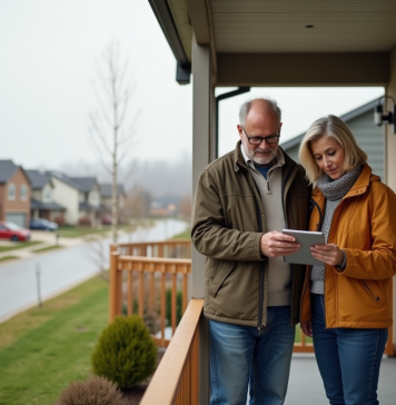 Prix moyen maison Canada : statistiques et tendances à connaître en 2025 Couple devant leur maison en banlieue avec tablette