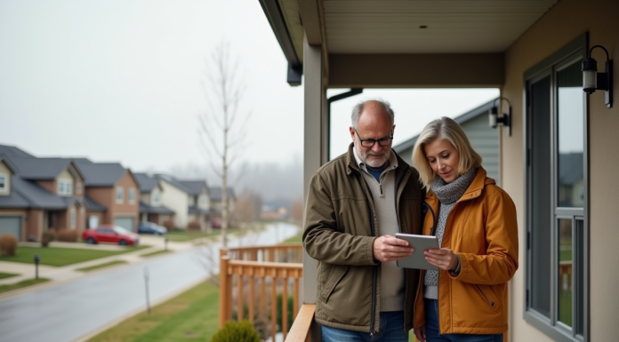 Couple devant leur maison en banlieue avec tablette