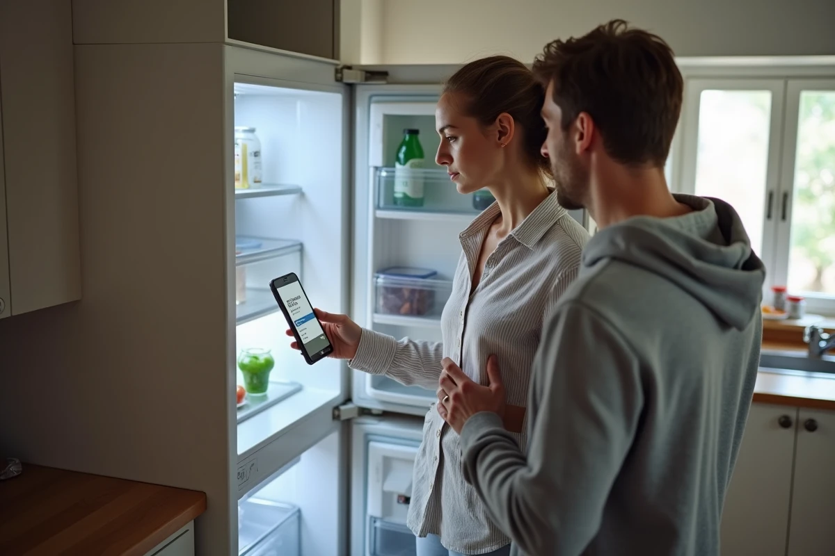 Couple inspectant un réfrigérateur en panne et contactant le SAV Darty par téléphone un week-end