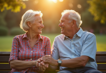 Couple de seniors souriants sur un banc dans un parc ensoleille