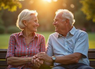 32 ans de mariage : comment trouver le secret du bonheur durable ? Couple de seniors souriants sur un banc dans un parc ensoleille
