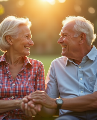 Couple de seniors souriants sur un banc dans un parc ensoleille