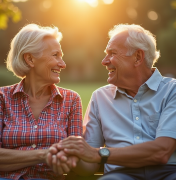 Couple de seniors souriants sur un banc dans un parc ensoleille
