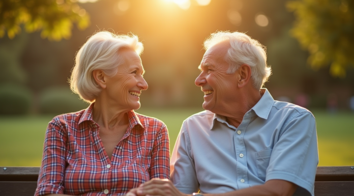 Couple de seniors souriants sur un banc dans un parc ensoleille