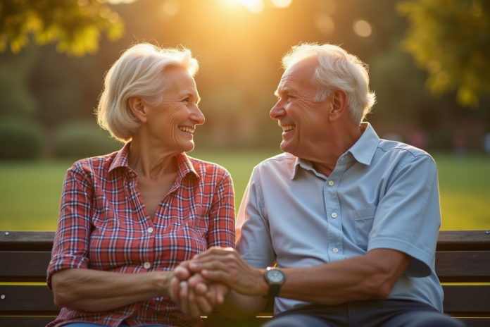 Couple de seniors souriants sur un banc dans un parc ensoleille