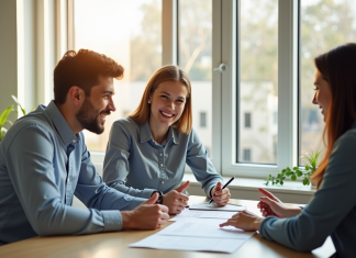 Hypothéquer une maison : conditions et démarches à connaître Jeune couple souriant avec conseiller immobilier dans un bureau lumineux