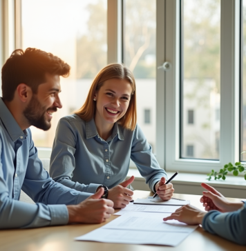 Hypothéquer une maison : conditions et démarches à connaître Jeune couple souriant avec conseiller immobilier dans un bureau lumineux