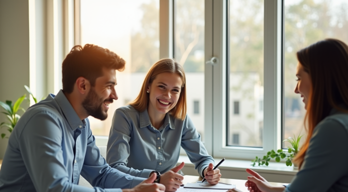 Jeune couple souriant avec conseiller immobilier dans un bureau lumineux
