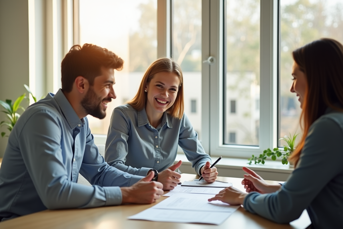 Jeune couple souriant avec conseiller immobilier dans un bureau lumineux