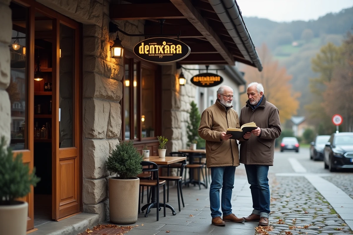 Couple regardant le panneau du restaurant Dantxaria Venta