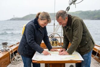 couple préparant un voyage en mer avec des cartes et équipements