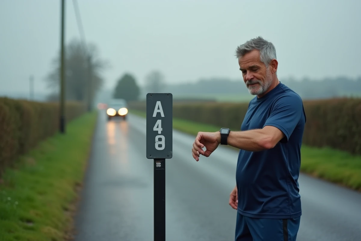 Coureur vérifiant sa montre GPS pour convertir des miles en kilomètres sur une route de campagne