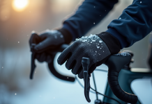 Mains d'un cycliste gantées sur guidon en hiver froid