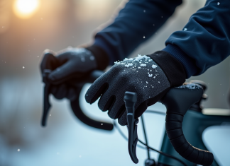 Pourquoi les gants Ekoï sont-ils incontournables pour les cyclistes hivernaux ? Mains d'un cycliste gantées sur guidon en hiver froid
