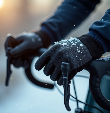 Pourquoi les gants Ekoï sont-ils incontournables pour les cyclistes hivernaux ? Mains d'un cycliste gantées sur guidon en hiver froid