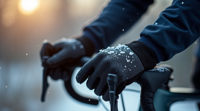 Mains d'un cycliste gantées sur guidon en hiver froid