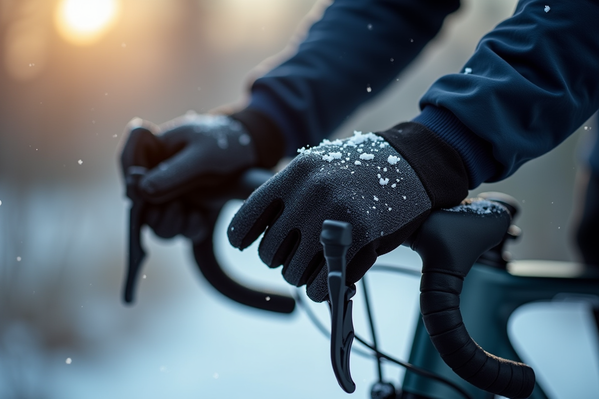 Mains d'un cycliste gantées sur guidon en hiver froid