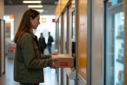 Une femme dépose un colis Chronopost dans un point relais automatique en magasin