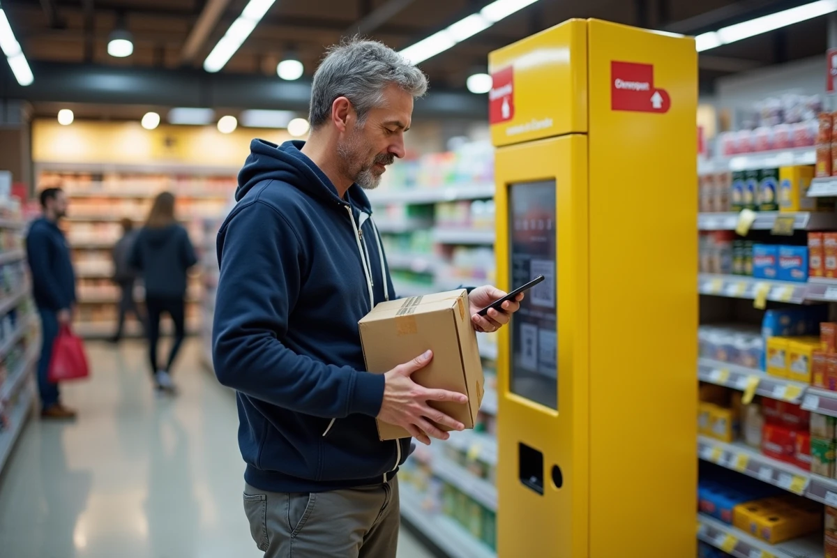 Un homme scanne un QR code pour déposer un colis Chronopost dans un supermarché