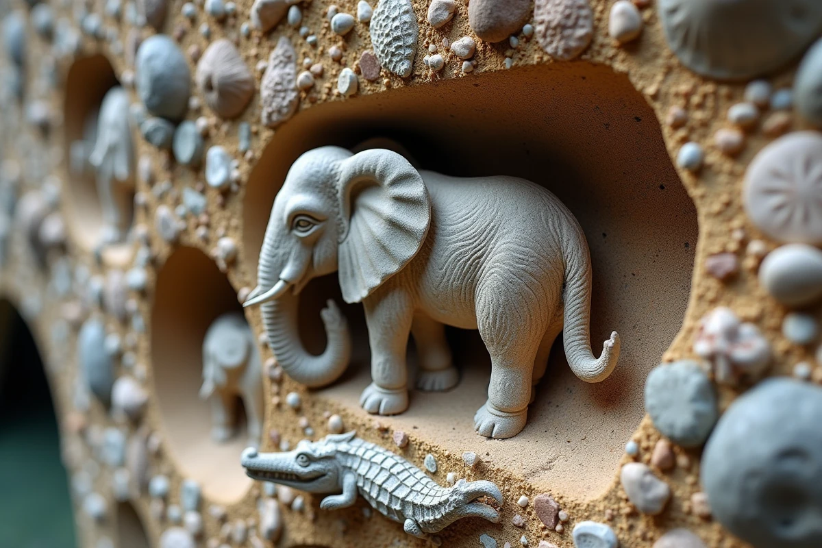 Détail des sculptures en pierres et coquillages incrustés dans le mur du Palais Idéal du Facteur Cheval