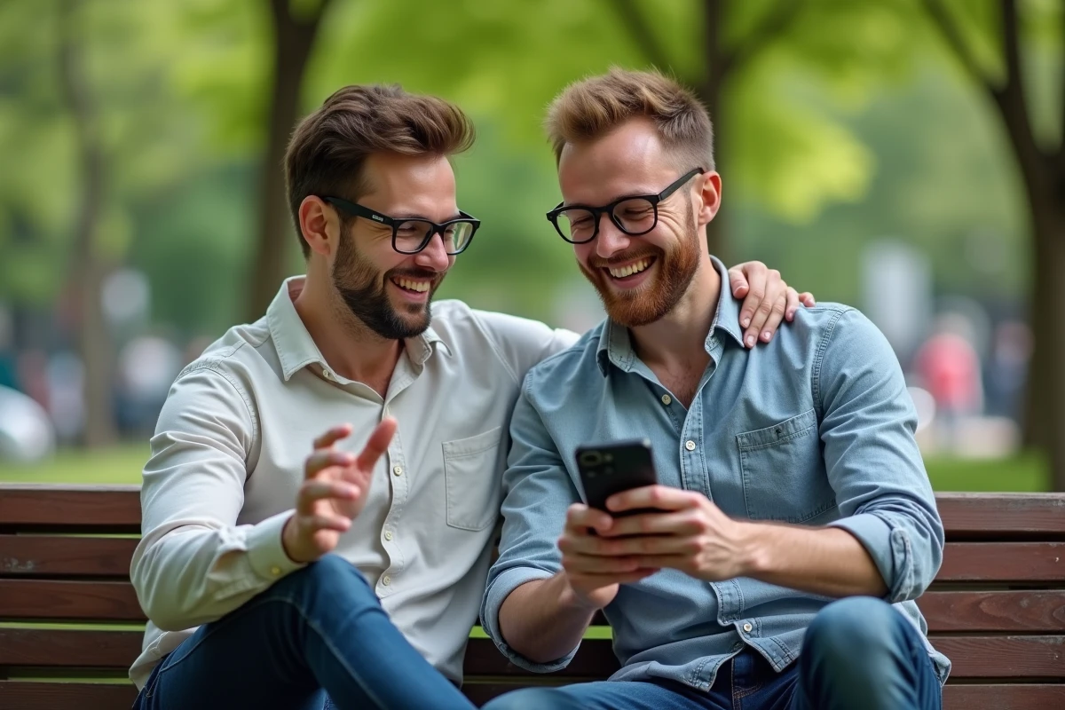 Deux hommes discutant d’un jeu sur smartphone dans un parc ensoleille
