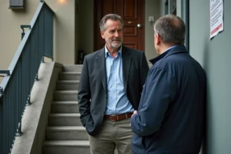 Homme d'âge moyen parle à un voisin inquiet devant un immeuble