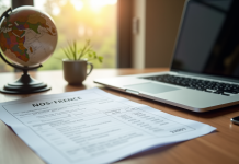 Document fiscal français sur un bureau en bois avec globe et ordinateur