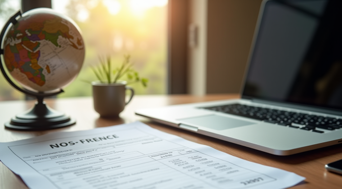 Document fiscal français sur un bureau en bois avec globe et ordinateur